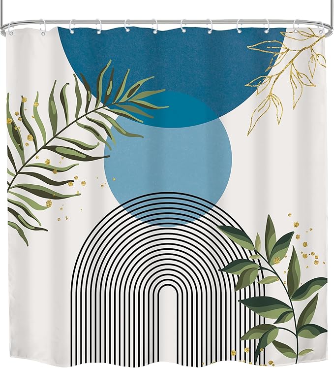 Blue Boho Modern Shower Curtain 72Wx72H Mid Century Abstract Gold Green Leaves - Image 7
