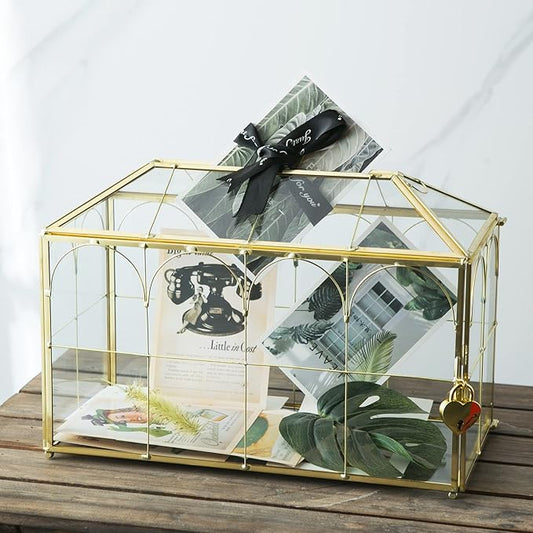 Glass Wedding Card Box with Slot, 12.6 inch Large Clear Card Box Gold Brass by Giadun