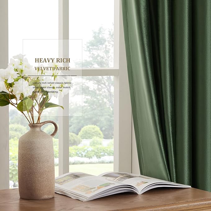 BULBUL Olive Green Velvet Curtains 63 inch Emerald Luxury Elegant Living Room - Image 4