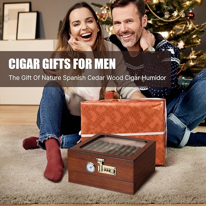 Cigar Humidor, Cedar Wood Humidor Cigar Box, Glass Top Desktop Humidor - Image 8