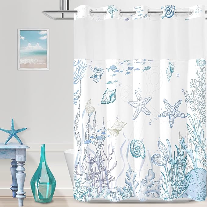 No Hook Shower Curtain with Snap in Liner, Beach Ocean Nautical Coastal Shower by TWLSNCD