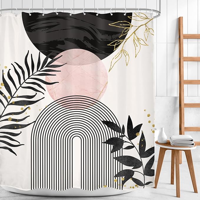 Black Pink Boho Shower Curtain Mid Century Modern Abstract Bohemian Minimalist - Image 2
