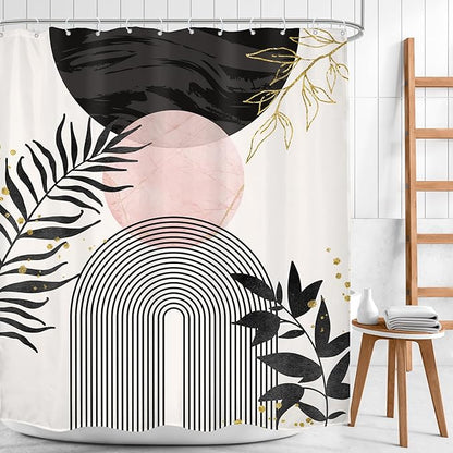 Black Pink Boho Shower Curtain Mid Century Modern Abstract Bohemian Minimalist - Image 2