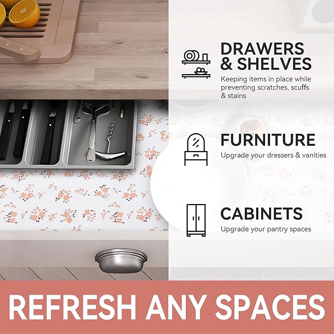 RAY STAR Shelf Liner, 18 Inch x 8 Feet Non Adhesive Floral Kitchen Cabinet Liner - Image 6