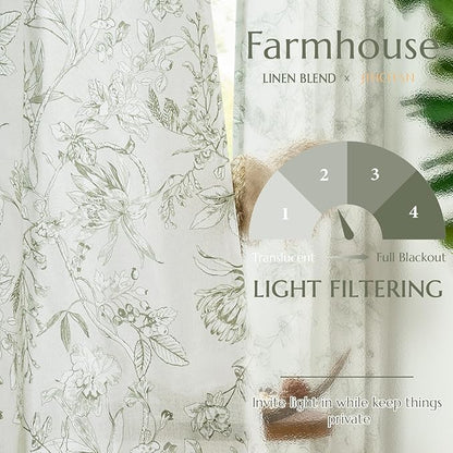jinchan Floral Curtains 63 Inch Length Sage Green Flower Linen Farmhouse Curtain - Image 3