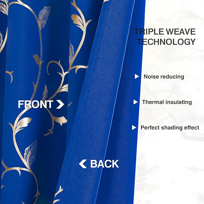 BUHUA Blackout Curtains Gold Foil Print Flower Vine Grommet Drapes, Room - Image 6