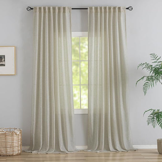 92 Inch Length Curtains Burlap Linen Back Tab & Rod Pocket Semi Gauze Privacy by DONREN