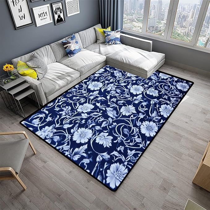 White Flowers on Blue Background Runner Rug: Design Printing - Image 2
