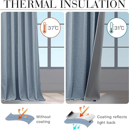 RYB HOME Smoky Blue Linen 100% Blackout Curtains - Image 5