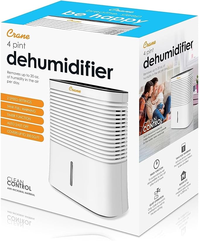 Crane Compact Dehumidifier for 300 Sq Ft Rooms, 0.5 Gallon Tank, For Basements - Image 6