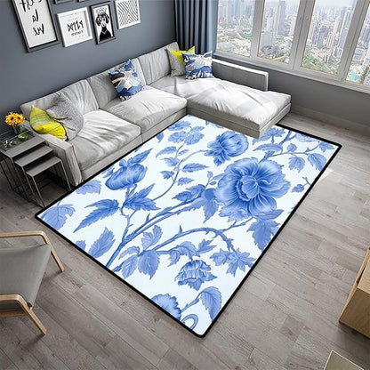 Vintage Blue Peony Design Printed Rug - Image 2