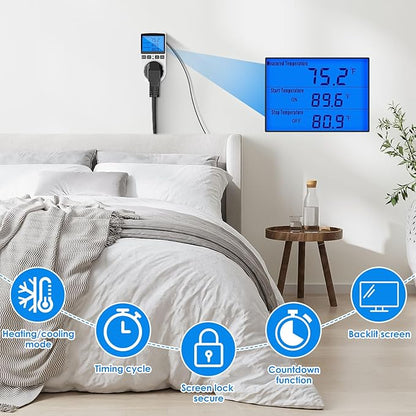 Digital Temperature Controller, 1800W 15A/120V Safe Thermostat Timer Outlet - Image 5