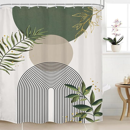 Green Boho Shower Curtain 72Wx96H Extra Long Mid Century Modern Abstract Green by MitpokBrand