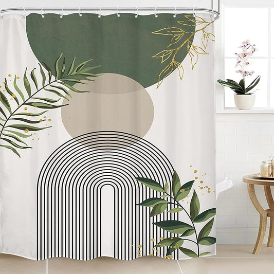 Green Boho Shower Curtain 72Wx96H Extra Long Mid Century Modern Abstract Green by MitpokBrand