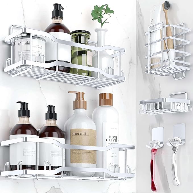 Shower Caddy Bathroom Shelves, The Athena Silken 4 Set, 40LB Capacity, Adhesive by Tribal+Cooking
