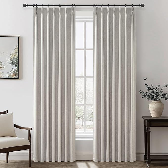Natural Melange Pleat Room Darkening Curtains 84 Inch Length 2 Panels Set by QJMYDECO