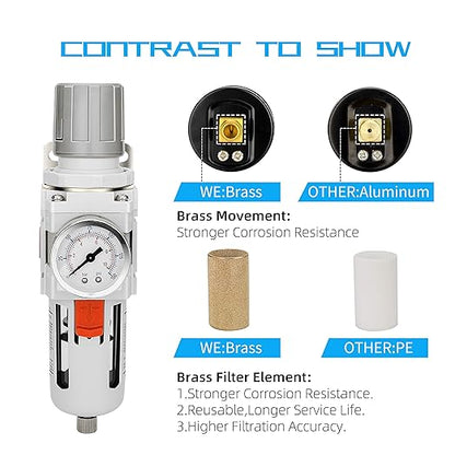 NANPU 3/8" NPT Compressed Air Filter Regulator Combo Piggyback, 5 Micron Brass - Image 5
