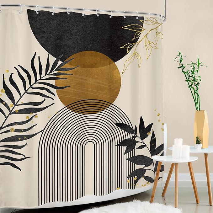 Black Boho Shower Curtain 60Wx72H Modern Bohemian Abstract Brown Tan Mid - Image 3