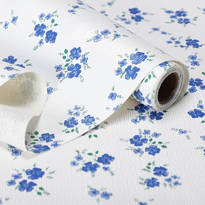 RAY STAR Shelf Liner, Non Adhesive Blue Floral Kitchen Cabinet Liner by RAYSTAR