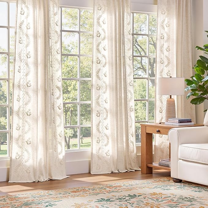 jinchan Belrose Linen Curtains for Bedroom Floral Curtains 72 Inch Length Linen - Image 3