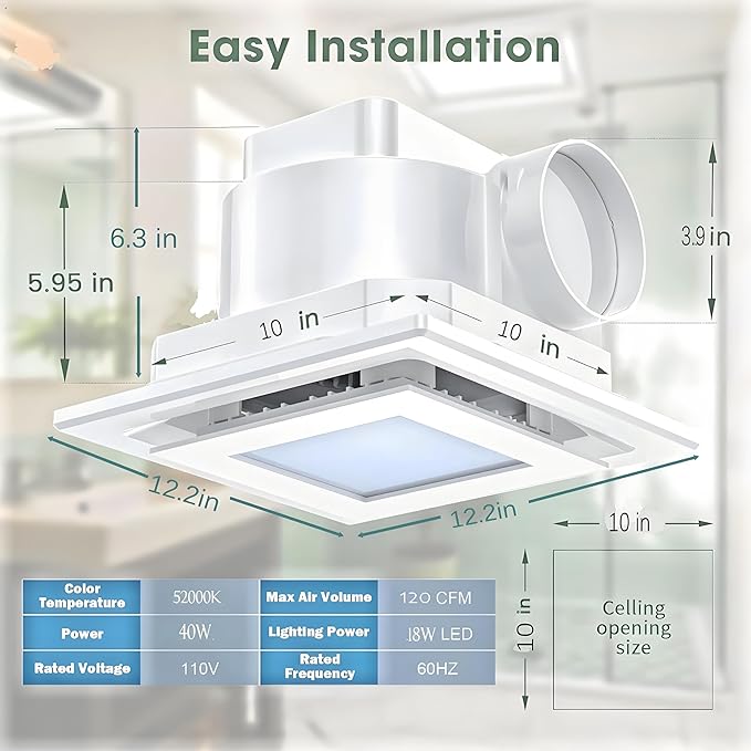 Bathroom Exhaust Fan with LED Light Ceiling Mount Ventilation Fan 120 CFM - Image 7