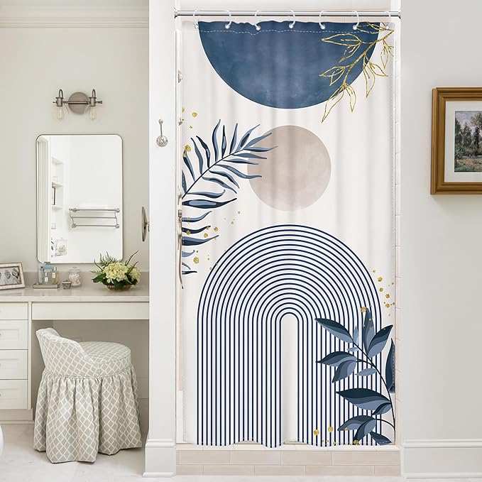Small Stall Boho Shower Curtain 36Wx72H RV Blue Modern Mid Century Abstract by MitpokBrand