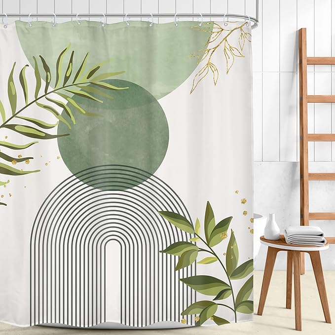 Sage Green Boho Shower Curtain 72Wx78H Modern Bohemian Abstract Leaves Olive - Image 2
