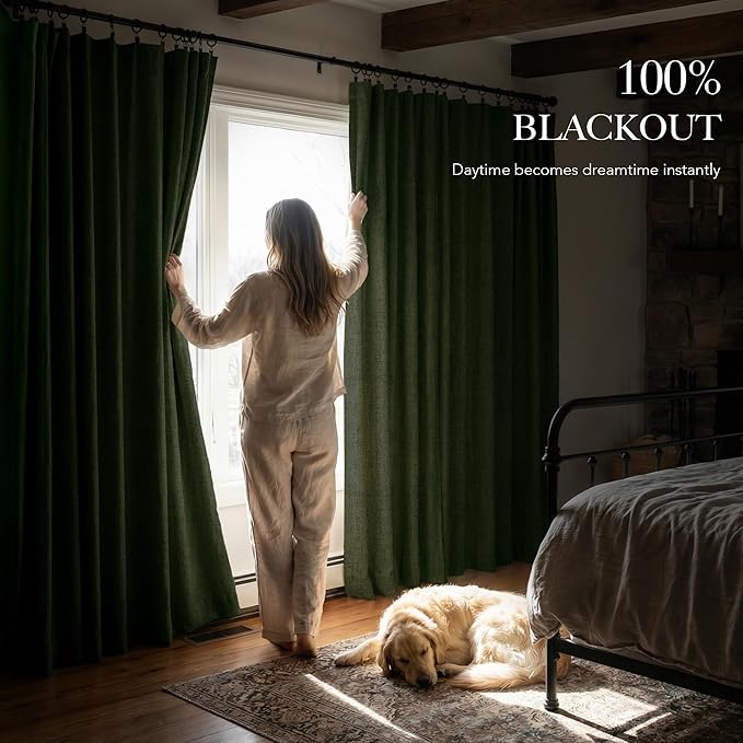 RYB HOME Olive Green 100% Blackout Linen Curtains 90 inches Long, Luxury - Image 3