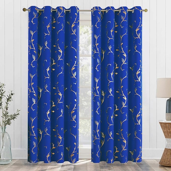 BUHUA Blackout Curtains Gold Foil Print Flower Vine Grommet Drapes, Room - Image 7