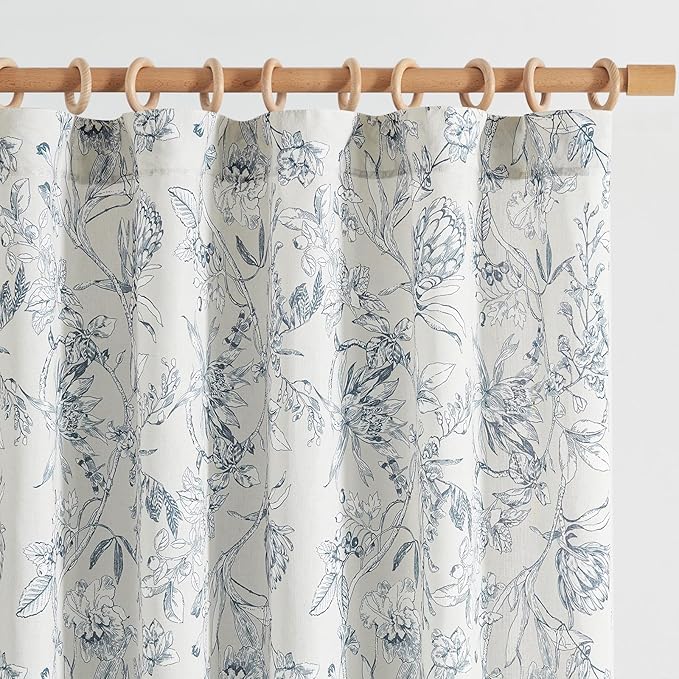 jinchan Floral Curtains 63 Inch Length Blue Flower Linen Farmhouse Curtain by JINCHAN
