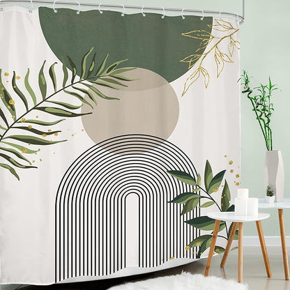 Green Boho Shower Curtain Extra Long Modern Abstract Bohemian Green Gold - Image 3