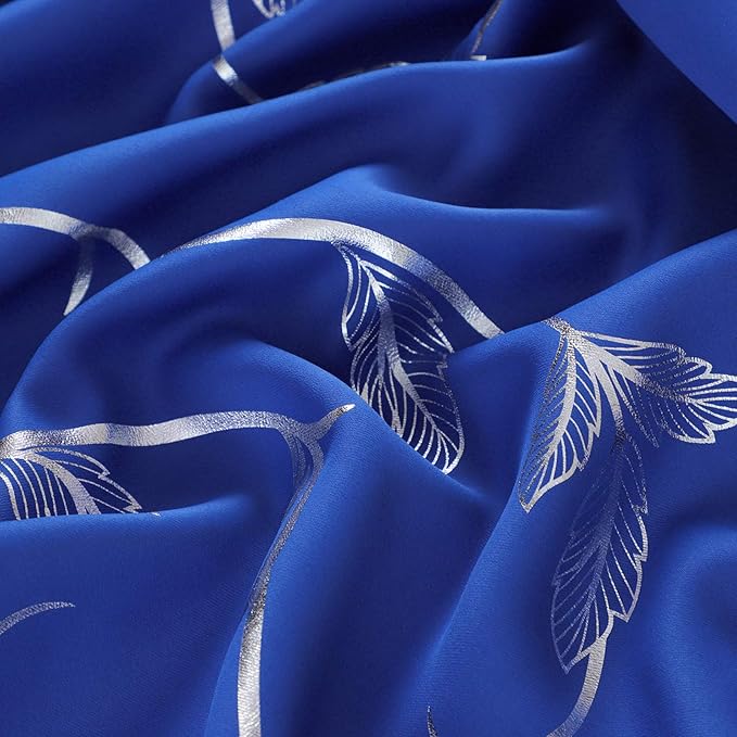 BUHUA Royal Blue Foil Print Flower Vine Design Grommet Curtains Thermal - Image 4