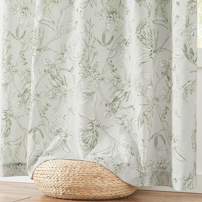 jinchan Floral Curtains 96 Inches Long Sage Green Flower Linen Farmhouse Curtain - Image 7