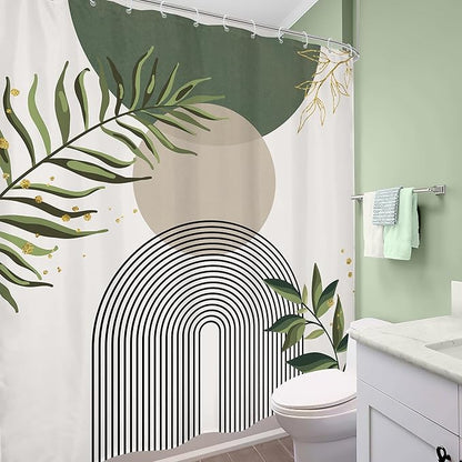 Sage Green Boho Shower Curtain 72Wx78H Modern Abstract Green Gold Leaves - Image 4