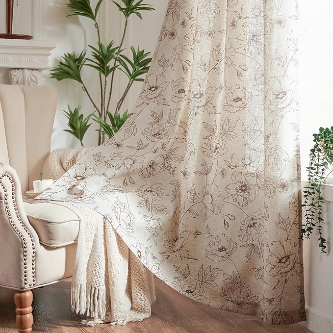 jinchan Floral Linen Curtains for Living Room 63 Inch Length Brown Flower - Image 6