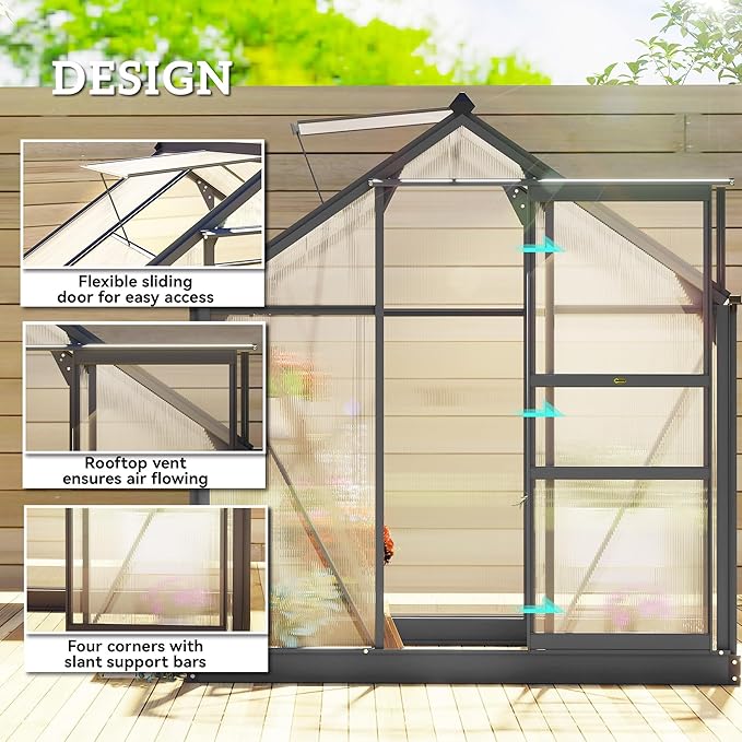 Outsunny 6' x 4' Greenhouse for Outdoors, Polycarbonate Greenhouse - Image 3