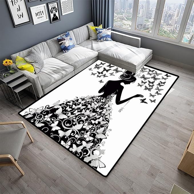Pile Carpet - Girl with Butterflies Printed Patterns Washable Area Rugs Fade - Image 2