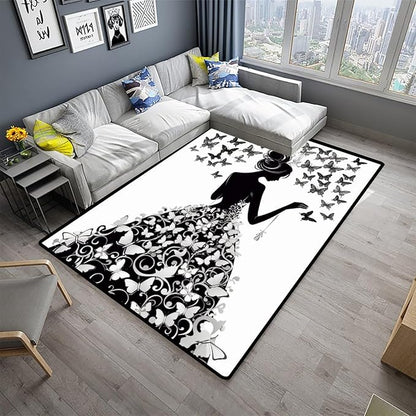 Pile Carpet - Girl with Butterflies Printed Patterns Washable Area Rugs Fade - Image 2