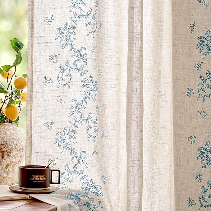 jinchan Evelyn Embroidered Linen Curtains 63 inch Floral Curtains by JINCHAN