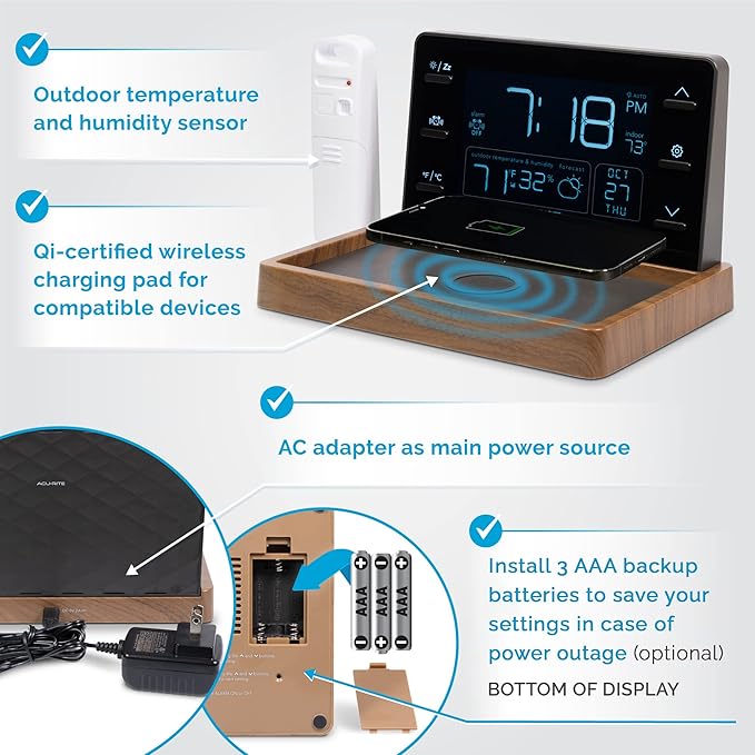 AcuRite Weather Valet with Qi-Certified Wireless Charging Pad, Auto-Dimming LCD - Image 5