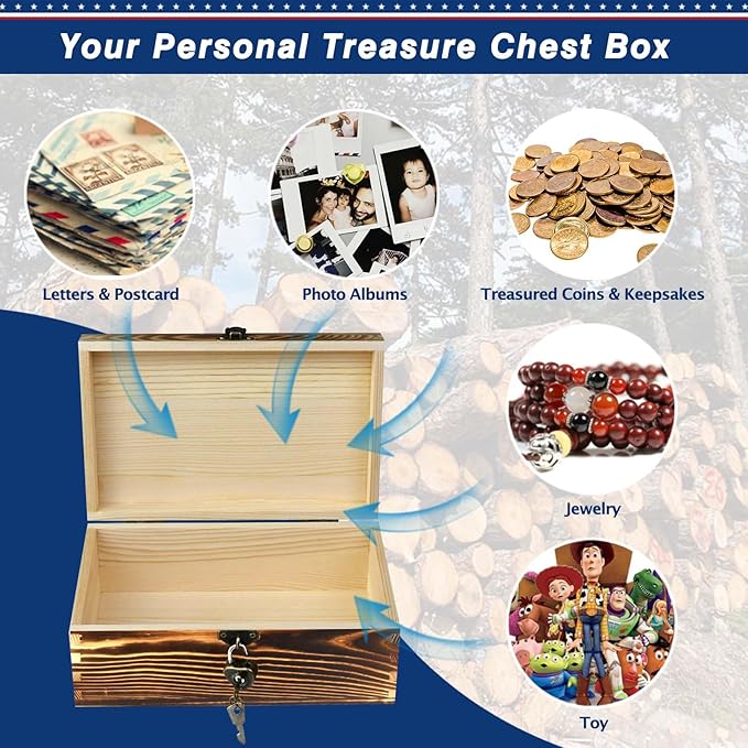 Wooden Box with Lock and Keys Hinged Lid Treasure Chest Memory Hobby - Image 4