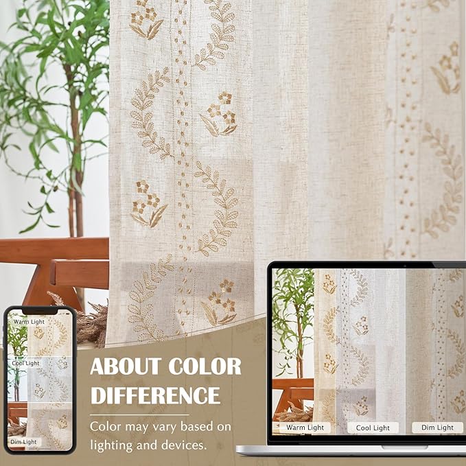 jinchan Belrose Linen Curtains for Bedroom Floral Curtains 63 Inch Length Linen - Image 8
