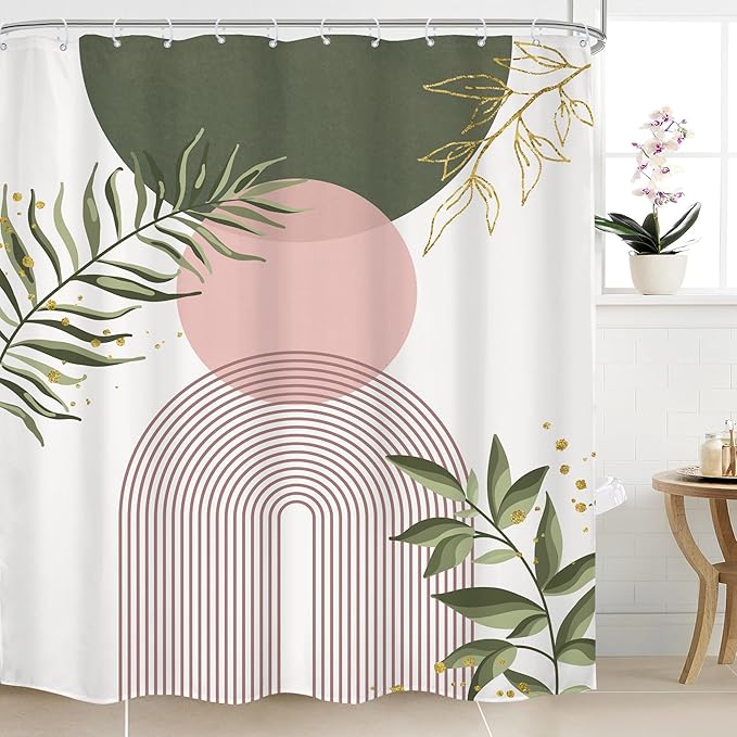 Pink Green Boho Shower Curtain 72Wx84H Extra Long Bohemian Mid Century Modern by MitpokBrand