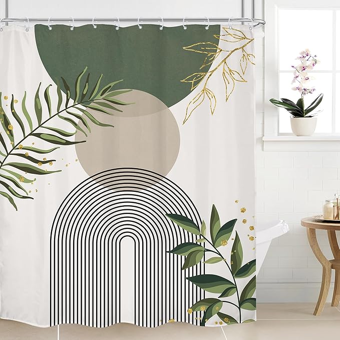 Green Boho Shower Curtain Extra Long Modern Abstract Bohemian Green Gold by MitpokBrand