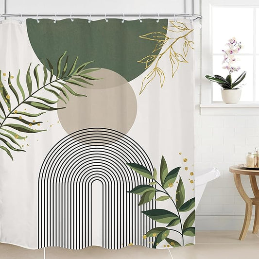 Green Boho Shower Curtain Extra Long Modern Abstract Bohemian Green Gold by MitpokBrand