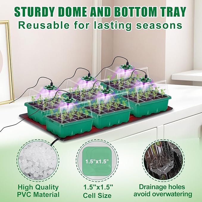 Apipi Seed Starter Tray with Grow Light & Heat Mat- 6 Pack 72 Cell Durable Easy - Image 5
