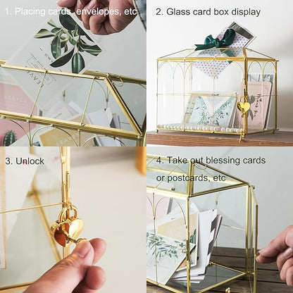 Glass Wedding Card Box with Slot, 10.2'' Large Clear Card Box Gold Brass Gift - Image 5