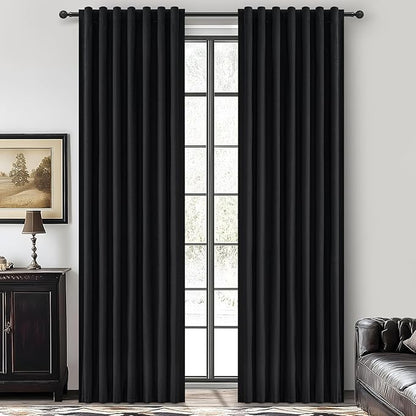 Black Blackout Curtains 92 Inches Long 2 Panel Set, Sun Blocking Curtain by QJMYDECO