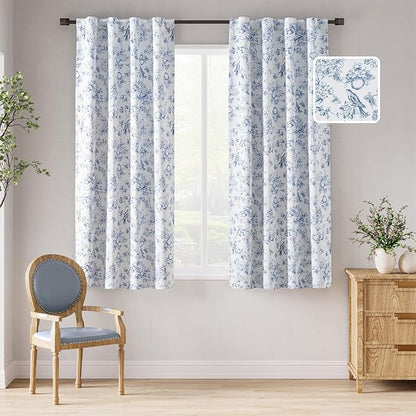 jinchan 95% Blackout Floral Curtains 63 Inch Length, Printed Flower Blue by JINCHAN