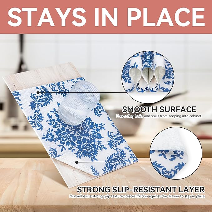 RAY STAR Shelf Liner, Non Adhesive Vintage Navy Blue Floral Cabinet Liner - Image 3